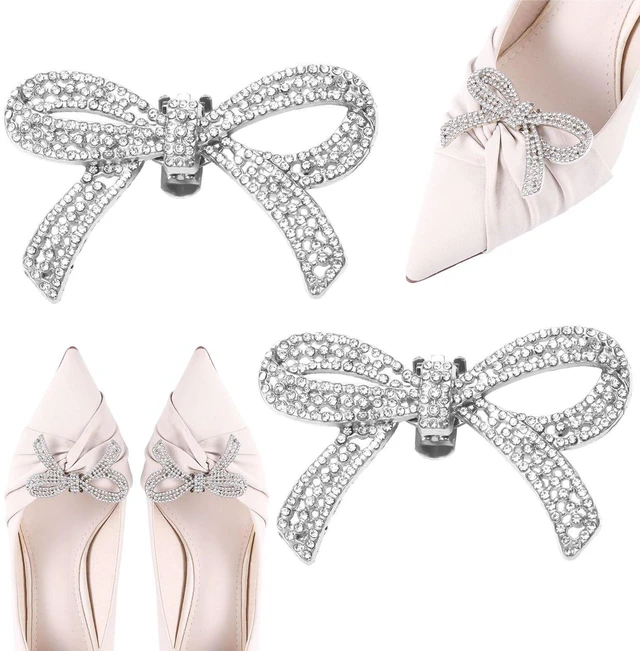 Main image of Mikovivi 2pcs Rhinestone Bow Shoe Clips, Decorative Shoe Clips for Women Detachable Sparkling Rhinestone Shoe Charm Bow Shoe Buckles Accessories for Heels Dress Shoes Wedding (Silver)