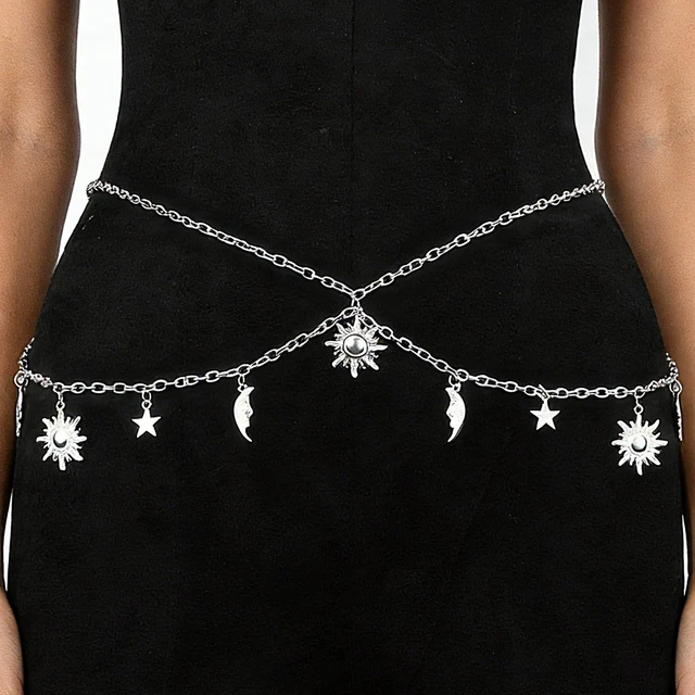 Alt view image 2 of 6 - Waist Chain for WomenRenaissance Greek Goddess Accessories Y2K Body Belly Chain Skirt Dress Stomach Medieval Corset Hippie Belt Hip Fashion - Silver Sun Moon Star