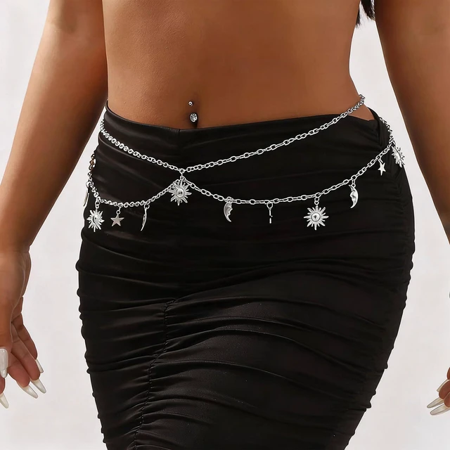Alt view image 5 of 6 - Waist Chain for WomenRenaissance Greek Goddess Accessories Y2K Body Belly Chain Skirt Dress Stomach Medieval Corset Hippie Belt Hip Fashion - Silver Sun Moon Star