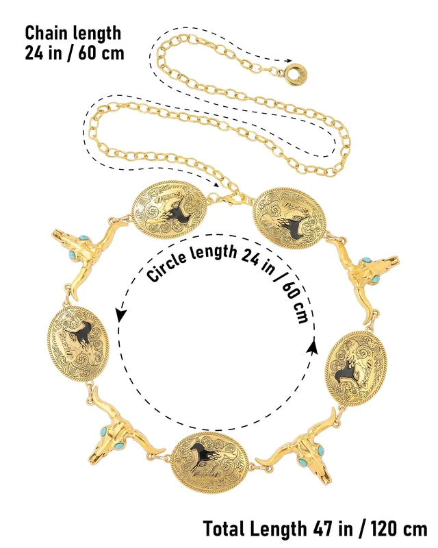 Alt view image 2 of 7 - AWAYTR Western Chain Belt for Women - Metal Cowgirl Waist Belt for Dresses | Women's concho chain belt with bullhead prints, Perfect for concerts, rodeo & boho festival outfits, Gold-Cow+Horse