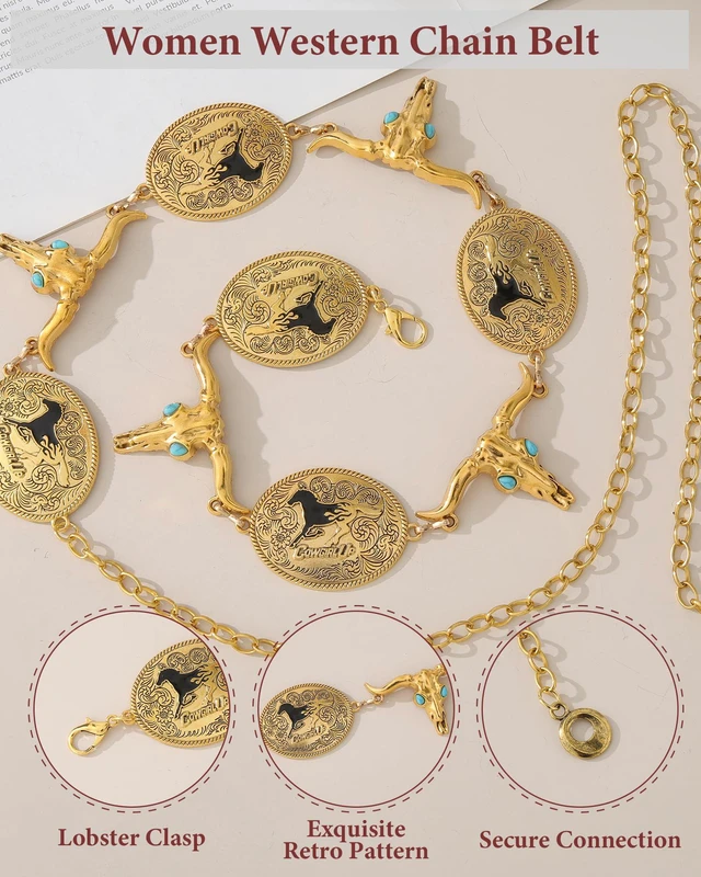 Alt view image 3 of 7 - AWAYTR Western Chain Belt for Women - Metal Cowgirl Waist Belt for Dresses | Women's concho chain belt with bullhead prints, Perfect for concerts, rodeo & boho festival outfits, Gold-Cow+Horse