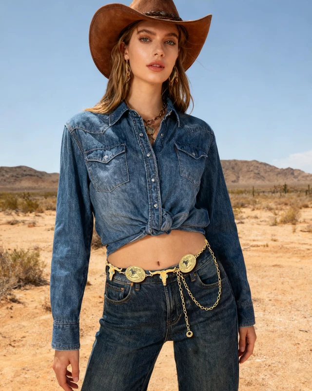 Alt view image 4 of 7 - AWAYTR Western Chain Belt for Women - Metal Cowgirl Waist Belt for Dresses | Women's concho chain belt with bullhead prints, Perfect for concerts, rodeo & boho festival outfits, Gold-Cow+Horse
