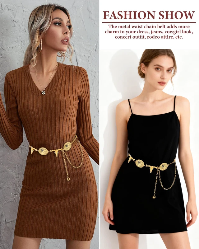 Alt view image 5 of 7 - AWAYTR Western Chain Belt for Women - Metal Cowgirl Waist Belt for Dresses | Women's concho chain belt with bullhead prints, Perfect for concerts, rodeo & boho festival outfits, Gold-Cow+Horse
