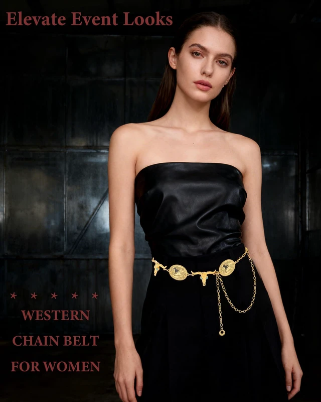 Alt view image 6 of 7 - AWAYTR Western Chain Belt for Women - Metal Cowgirl Waist Belt for Dresses | Women's concho chain belt with bullhead prints, Perfect for concerts, rodeo & boho festival outfits, Gold-Cow+Horse