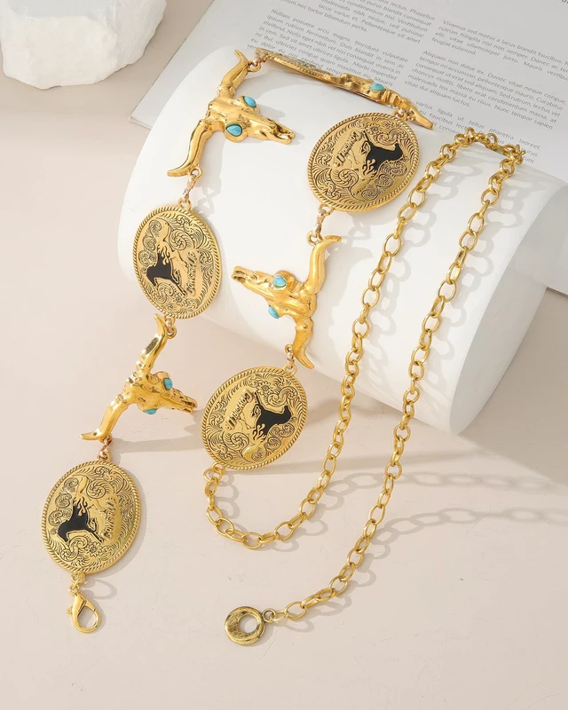 Alt view image 7 of 7 - AWAYTR Western Chain Belt for Women - Metal Cowgirl Waist Belt for Dresses | Women's concho chain belt with bullhead prints, Perfect for concerts, rodeo & boho festival outfits, Gold-Cow+Horse