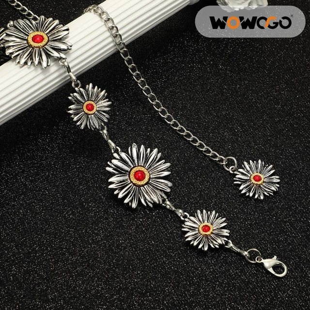 Alt view image 3 of 6 - WOWOGO Silver Western Turquoise Chain Belt for Women with Daisy Pattern Cowgirl Concho Metal Waist Belt for Boho Country