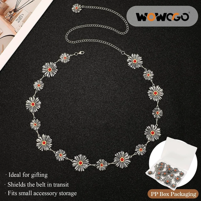 Alt view image 4 of 6 - WOWOGO Silver Western Turquoise Chain Belt for Women with Daisy Pattern Cowgirl Concho Metal Waist Belt for Boho Country