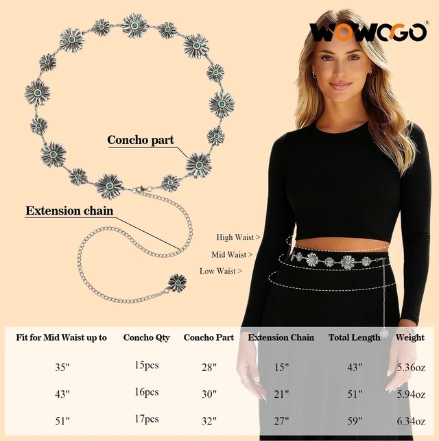 Alt view image 6 of 6 - WOWOGO Silver Western Turquoise Chain Belt for Women with Daisy Pattern Cowgirl Concho Metal Waist Belt for Boho Country