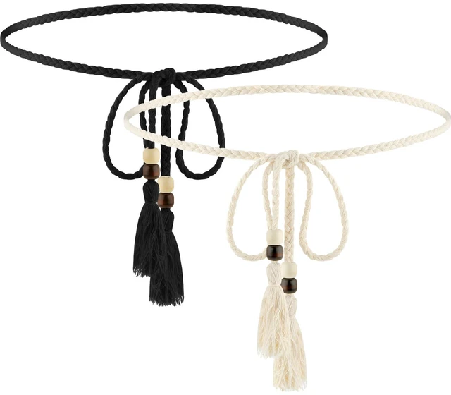 Main image of 2 PCS Women's Skinny Tassel Waist Belt with Wooden Beads, Black + White Thin Woven Waist Rope Belt for Women Girls Godness Boho Braided Waist Belt Rope Chain for Thin Dresses Skirts Tunics
