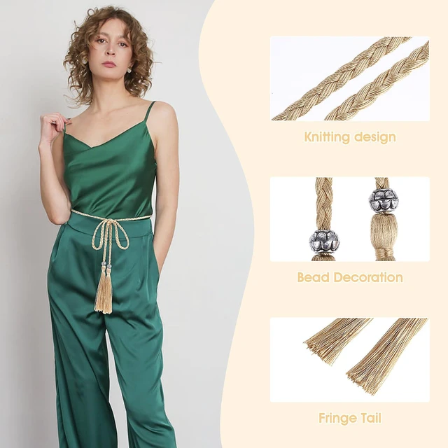 Alt view image 2 of 7 - Women's Thin Braided Belt, Trendy Boho Thin Belt Waistband | Gold Tassel Braided Waist Belt for Skirt Dress