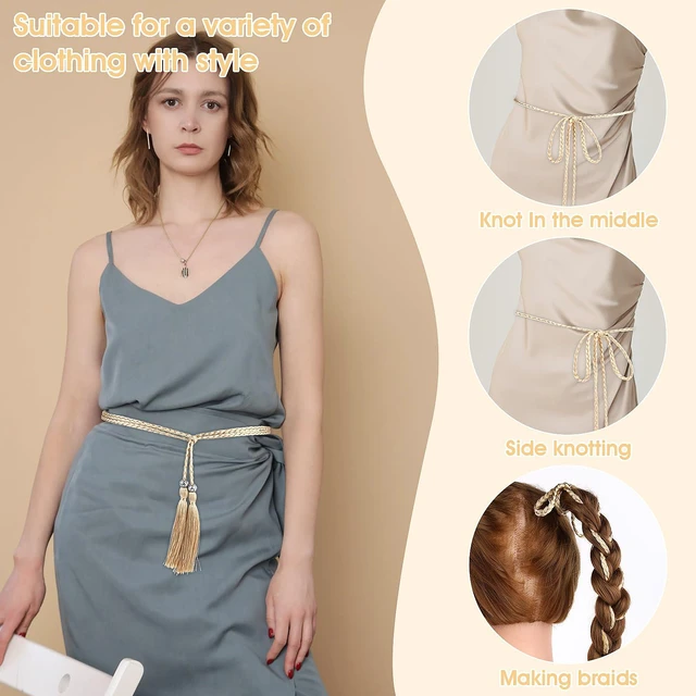 Alt view image 3 of 7 - Women's Thin Braided Belt, Trendy Boho Thin Belt Waistband | Gold Tassel Braided Waist Belt for Skirt Dress