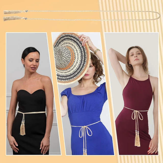 Alt view image 4 of 7 - Women's Thin Braided Belt, Trendy Boho Thin Belt Waistband | Gold Tassel Braided Waist Belt for Skirt Dress