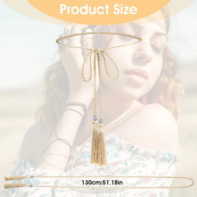 Alt view image 5 of 7 - Women's Thin Braided Belt, Trendy Boho Thin Belt Waistband | Gold Tassel Braided Waist Belt for Skirt Dress