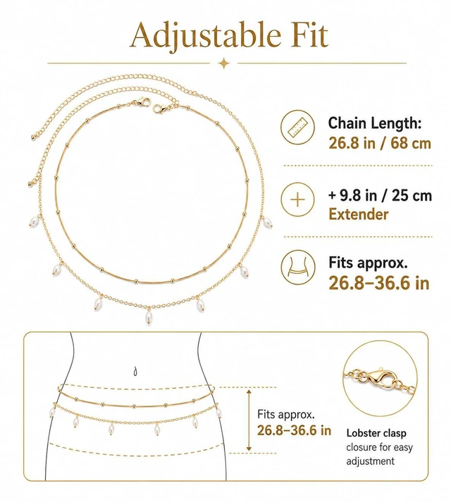 Alt view image 3 of 6 - 2Pcs Gold Waist Chain for Women, Adjustable Layered Belly Chain with Faux Pearl Charms, Beaded Bikini Body Chain Belt for Beach Summer Outfits