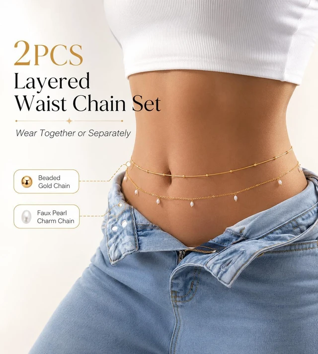 Alt view image 4 of 6 - 2Pcs Gold Waist Chain for Women, Adjustable Layered Belly Chain with Faux Pearl Charms, Beaded Bikini Body Chain Belt for Beach Summer Outfits