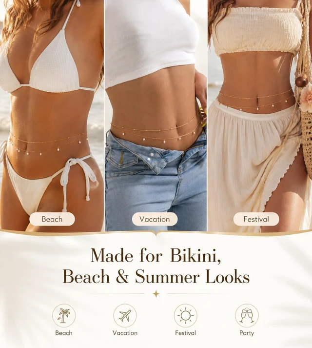 Alt view image 5 of 6 - 2Pcs Gold Waist Chain for Women, Adjustable Layered Belly Chain with Faux Pearl Charms, Beaded Bikini Body Chain Belt for Beach Summer Outfits