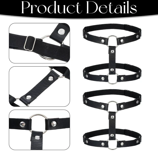 Alt view image 2 of 7 - 2 Pcs Leather Leg Harness, Adjustable Elastic 2 Rows Leather Leg Belt Ring Punk Gothic Garters for Party Prom Body Chain Accessories Jewelry for Women