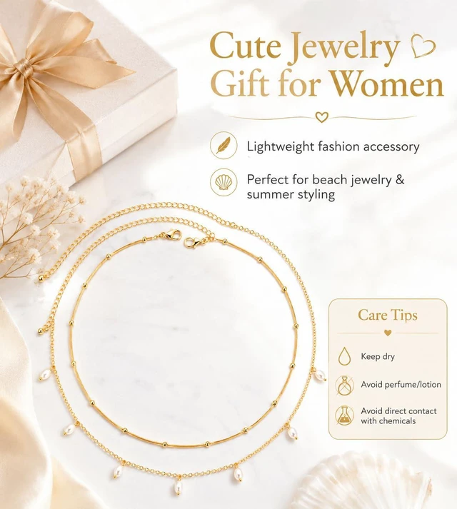 Alt view image 6 of 6 - 2Pcs Gold Waist Chain for Women, Adjustable Layered Belly Chain with Faux Pearl Charms, Beaded Bikini Body Chain Belt for Beach Summer Outfits