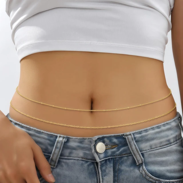 Alt view image 2 of 7 - 14K Gold Plated Waist Chain for Women, Layered Belly Body Chain | 2Pcs Adjustable Fit, Layered Design, Dainty Chain Styles, Bikini, Dress & Rave Outfits, Beach, Festival & Vacation
