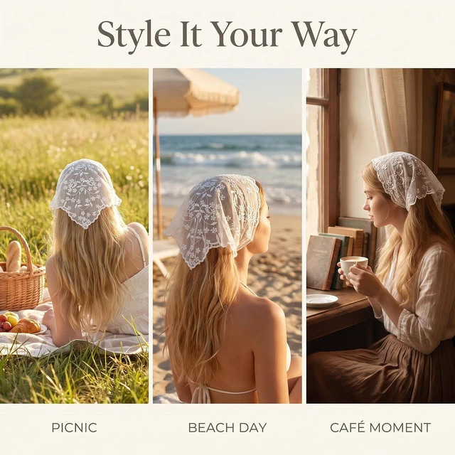 Alt view image 7 of 7 - White Elegant Women Lace Flower Triangle Headband Summer Sunproof Lace Triangle Bandana for Sweet Girls Camping Taking Photo Women's Headbands, Women's Fashion Headbands Hats for Caps