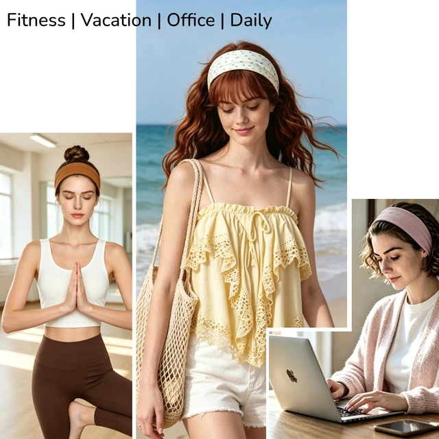 Alt view image 3 of 6 - Hixixi Women's Non-Slip Elastic Fabric Headbands, Solid Earth Tones Wide Hair Wraps for Yoga Running Sports Daily Wear(Soft Neutral Mix)