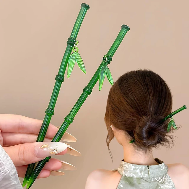 Main image of 2Pcs Green Bamboo Leaf Hair Stick Pin Resin Chinese Hair Sticks for Buns Vintage Hair Chopsticks for Women Girls Hairpin Hairstick Japanese Hair Stick Chinese Hair Pin Hair Accessories