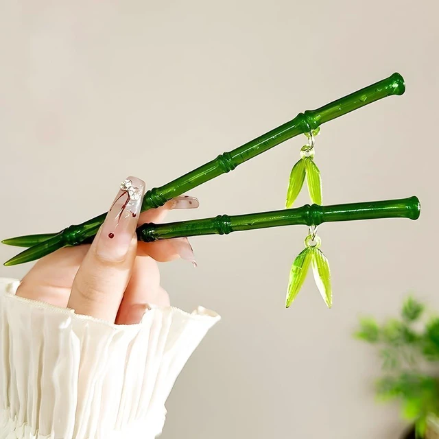 Alt view image 3 of 7 - 2Pcs Green Bamboo Leaf Hair Stick Pin Resin Chinese Hair Sticks for Buns Vintage Hair Chopsticks for Women Girls Hairpin Hairstick Japanese Hair Stick Chinese Hair Pin Hair Accessories