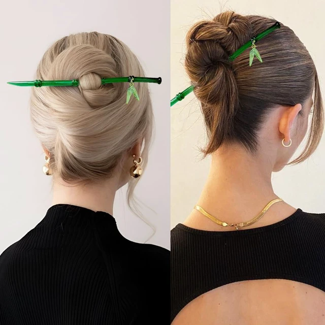Alt view image 4 of 7 - 2Pcs Green Bamboo Leaf Hair Stick Pin Resin Chinese Hair Sticks for Buns Vintage Hair Chopsticks for Women Girls Hairpin Hairstick Japanese Hair Stick Chinese Hair Pin Hair Accessories