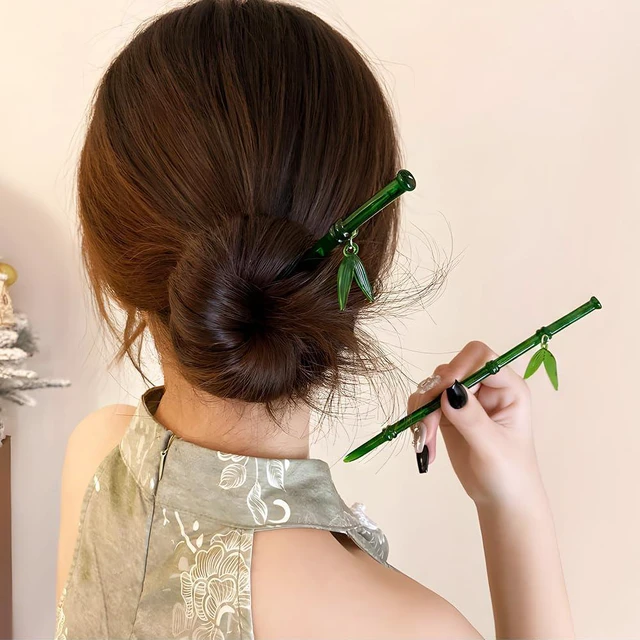 Alt view image 7 of 7 - 2Pcs Green Bamboo Leaf Hair Stick Pin Resin Chinese Hair Sticks for Buns Vintage Hair Chopsticks for Women Girls Hairpin Hairstick Japanese Hair Stick Chinese Hair Pin Hair Accessories