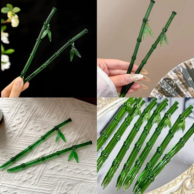 Alt view image 6 of 7 - 2Pcs Green Bamboo Leaf Hair Stick Pin Resin Chinese Hair Sticks for Buns Vintage Hair Chopsticks for Women Girls Hairpin Hairstick Japanese Hair Stick Chinese Hair Pin Hair Accessories