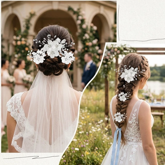 Alt view image 2 of 6 - 3 PCS Wedding Hair Piece, Rhinestone Hair Clips for Brides, Crystal Bridal Large Flower Pearl Hairpins for Brides Bridesmaids Women Girls