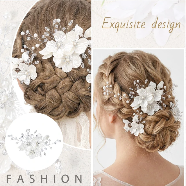 Alt view image 5 of 6 - 3 PCS Wedding Hair Piece, Rhinestone Hair Clips for Brides, Crystal Bridal Large Flower Pearl Hairpins for Brides Bridesmaids Women Girls