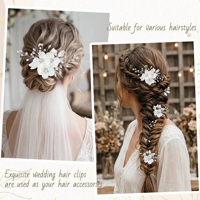 Alt view image 6 of 6 - 3 PCS Wedding Hair Piece, Rhinestone Hair Clips for Brides, Crystal Bridal Large Flower Pearl Hairpins for Brides Bridesmaids Women Girls