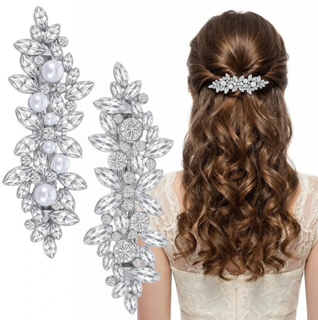 Main image of 2Pcs Rhinestone Hair Clips for Women, Pearl Wedding Hair Clip Silver | Sparkly Crystal Flower HairPins, Fancy Hairs Barrettes, Bridal Hair Accessories, for Women Wedding Bride Prom, Long Hairs