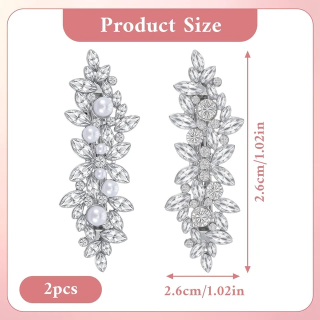 Alt view image 3 of 7 - 2Pcs Rhinestone Hair Clips for Women, Pearl Wedding Hair Clip Silver | Sparkly Crystal Flower HairPins, Fancy Hairs Barrettes, Bridal Hair Accessories, for Women Wedding Bride Prom, Long Hairs