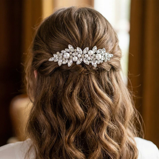 Alt view image 5 of 7 - 2Pcs Rhinestone Hair Clips for Women, Pearl Wedding Hair Clip Silver | Sparkly Crystal Flower HairPins, Fancy Hairs Barrettes, Bridal Hair Accessories, for Women Wedding Bride Prom, Long Hairs