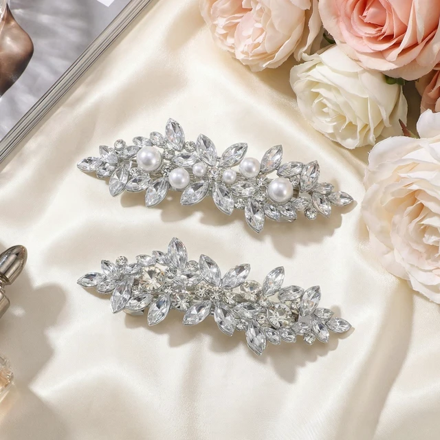 Alt view image 6 of 7 - 2Pcs Rhinestone Hair Clips for Women, Pearl Wedding Hair Clip Silver | Sparkly Crystal Flower HairPins, Fancy Hairs Barrettes, Bridal Hair Accessories, for Women Wedding Bride Prom, Long Hairs