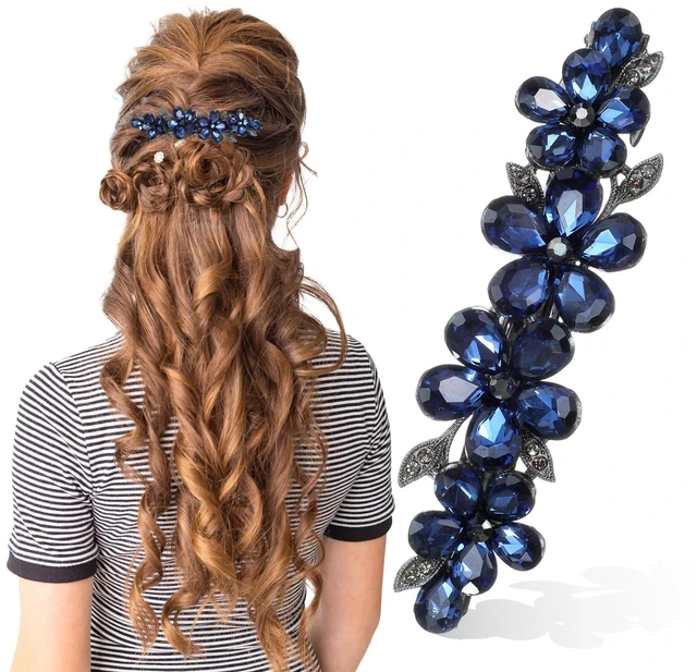 Main image of Shimmeroo Blue Flower Rhinestone Hair Clips Sparkly Crystal Bridal Hairclip | Fancy Rhinestone Hair Clips Clothespin Accessories for Women Bridal Wedding Bride Prom Flower Girls(1 Pcs)