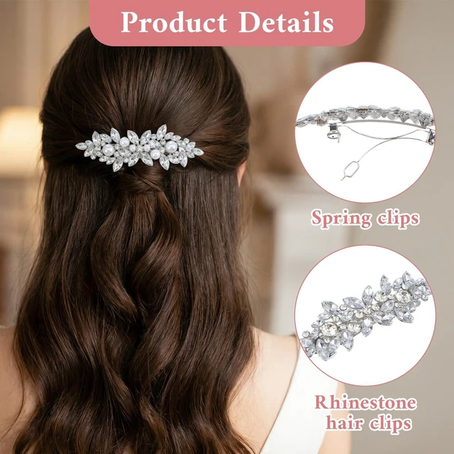 Alt view image 7 of 7 - 2Pcs Rhinestone Hair Clips for Women, Pearl Wedding Hair Clip Silver | Sparkly Crystal Flower HairPins, Fancy Hairs Barrettes, Bridal Hair Accessories, for Women Wedding Bride Prom, Long Hairs