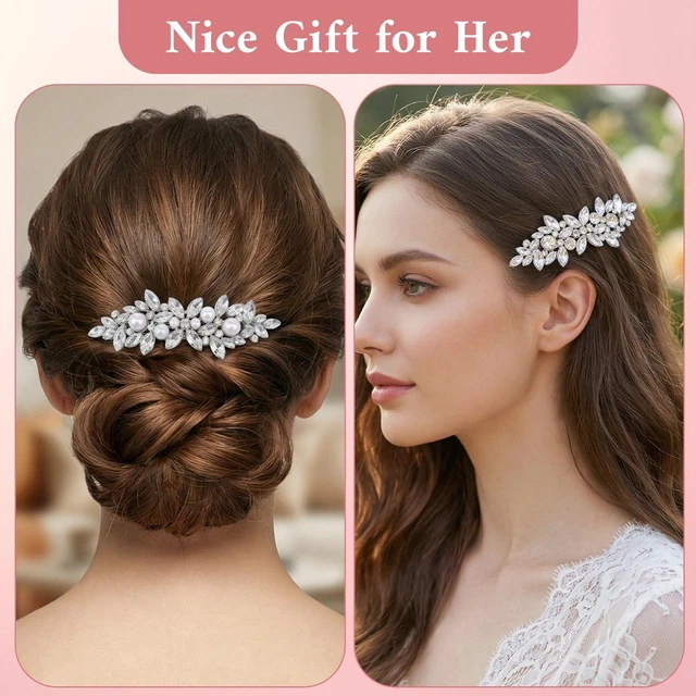 Alt view image 4 of 7 - 2Pcs Rhinestone Hair Clips for Women, Pearl Wedding Hair Clip Silver | Sparkly Crystal Flower HairPins, Fancy Hairs Barrettes, Bridal Hair Accessories, for Women Wedding Bride Prom, Long Hairs