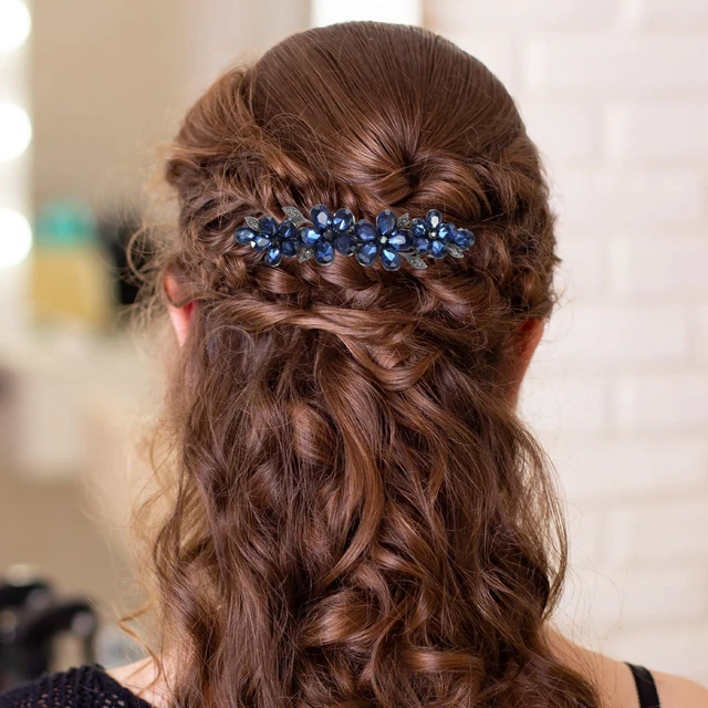 Alt view image 6 of 7 - Shimmeroo Blue Flower Rhinestone Hair Clips Sparkly Crystal Bridal Hairclip | Fancy Rhinestone Hair Clips Clothespin Accessories for Women Bridal Wedding Bride Prom Flower Girls(1 Pcs)