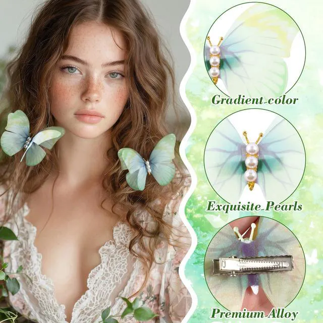 Alt view image 3 of 7 - Alpinleux 2 Pcs Green Butterfly Clips, 3D Moving Wings Butterfly Hair Clips | Pearl Strong Hold Butterfly Hair Accessories, Fairy Hair Accessories for Women