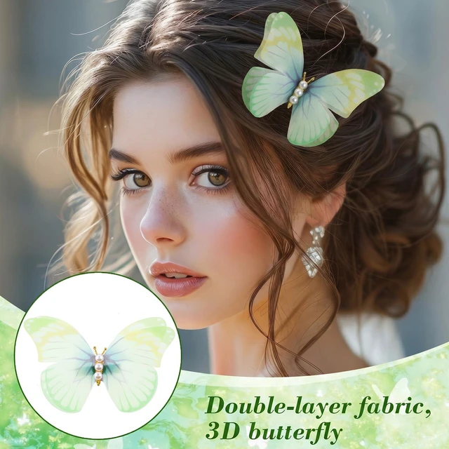 Alt view image 6 of 7 - Alpinleux 2 Pcs Green Butterfly Clips, 3D Moving Wings Butterfly Hair Clips | Pearl Strong Hold Butterfly Hair Accessories, Fairy Hair Accessories for Women