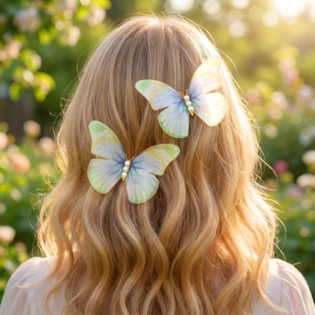 Alt view image 7 of 7 - Alpinleux 2 Pcs Green Butterfly Clips, 3D Moving Wings Butterfly Hair Clips | Pearl Strong Hold Butterfly Hair Accessories, Fairy Hair Accessories for Women