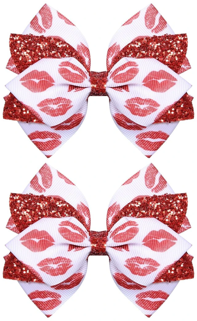Main image of Glitter Valentines Hair Bows 2pc 4in Sparkly Red Lip Stain Ribbon Bowknot Alligator Clips for Girls Women Birthday Wedding Party Dress Decor Accessory Gift