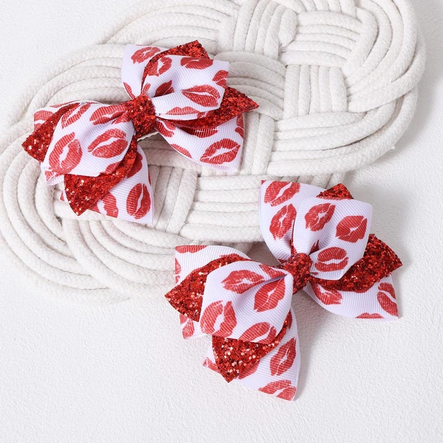 Alt view image 2 of 7 - Glitter Valentines Hair Bows 2pc 4in Sparkly Red Lip Stain Ribbon Bowknot Alligator Clips for Girls Women Birthday Wedding Party Dress Decor Accessory Gift