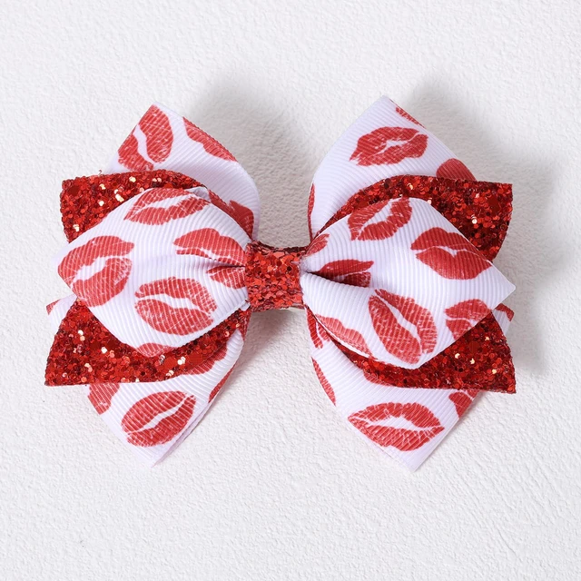 Alt view image 6 of 7 - Glitter Valentines Hair Bows 2pc 4in Sparkly Red Lip Stain Ribbon Bowknot Alligator Clips for Girls Women Birthday Wedding Party Dress Decor Accessory Gift