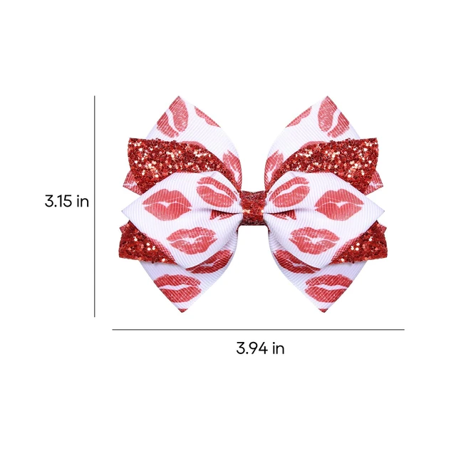 Alt view image 7 of 7 - Glitter Valentines Hair Bows 2pc 4in Sparkly Red Lip Stain Ribbon Bowknot Alligator Clips for Girls Women Birthday Wedding Party Dress Decor Accessory Gift