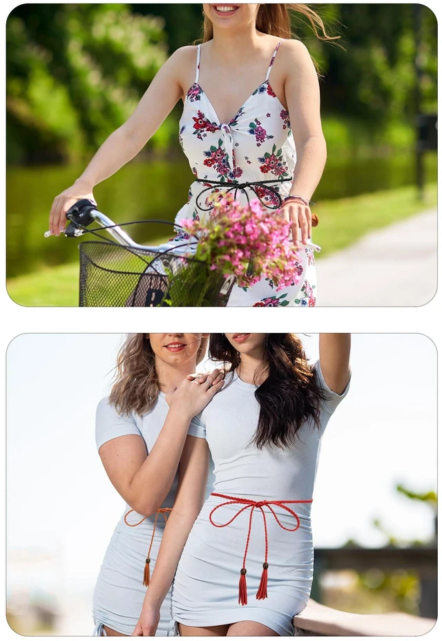 Alt view image 2 of 7 - TeeYee Women's Fashion Belt Set AdjustableLeather Woven Knitted Waist Belt/Rope/Chain Belt Tassel Rope Skinny Belt for Skirt Dress Party Pack of 3 018blacktancoffee