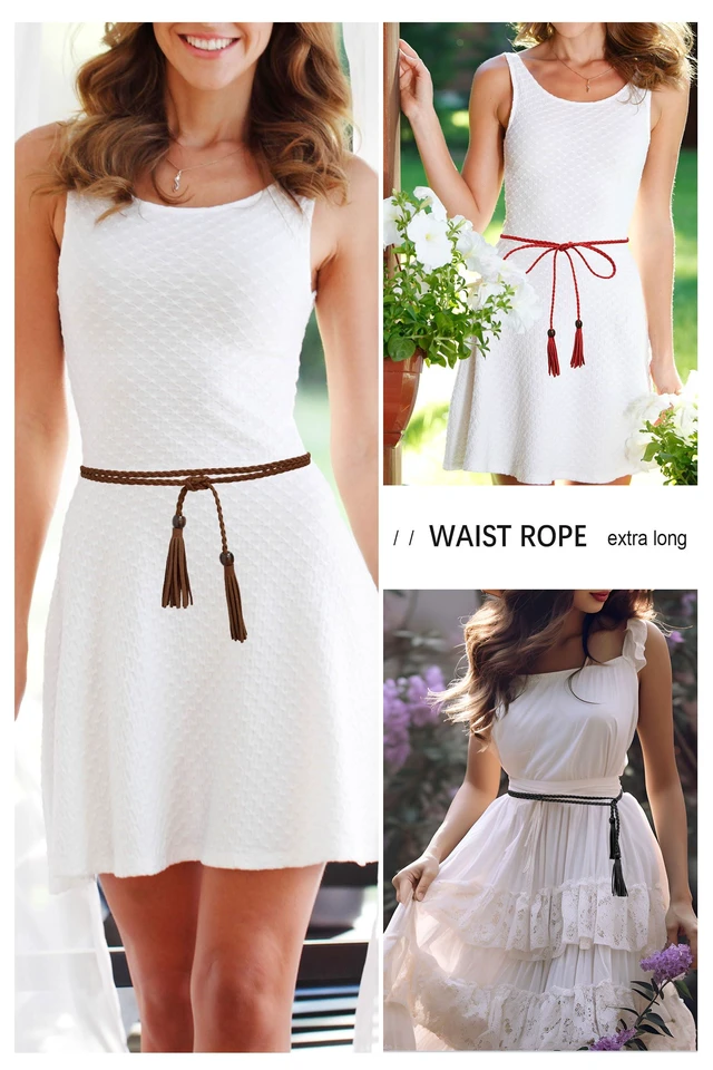 Alt view image 3 of 7 - TeeYee Women's Fashion Belt Set AdjustableLeather Woven Knitted Waist Belt/Rope/Chain Belt Tassel Rope Skinny Belt for Skirt Dress Party Pack of 3 018blacktancoffee